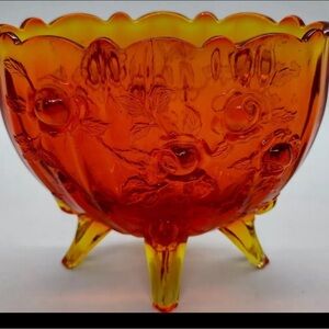 Fenton Amber Cabbage Rose Footed Orange Vase Tangerine Ombre Glass 5 Inch Floral